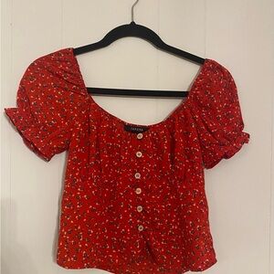 Papaya Milk Maid Top‎ Puff Sleeve Smocked Button Accent Red White Blue Size S